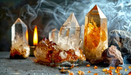 Enchanting crystal display with delicate smoke and warm candlelight. Mystical and serene atmosphere perfect for relaxation or spiritual content. An AI-generated digitalAI