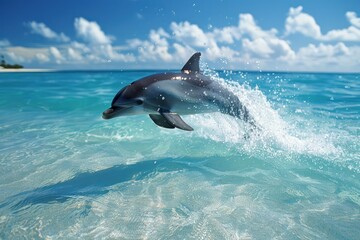 Fototapeta premium Playful dolphin jumps out of crystal-clear turquoise water under a sunny blue sky, creating a splash in tropical paradise.