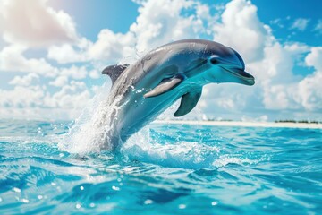 Fototapeta premium A vibrant image of a dolphin leaping out of the crystal-clear ocean against a backdrop of a sunny sky and scattered clouds.