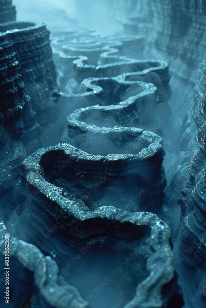 Leinwandbilder an abstract maze etched into a foggy surface, with droplets navigating through the twists and turns,