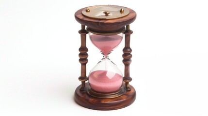 Classic wooden hourglass with pink sand, isolated on a white background. A timeless symbol of passing time. Useful for conceptual designs, education, and decor.. AI