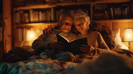 Elderly couple reading a book together in a bedroom