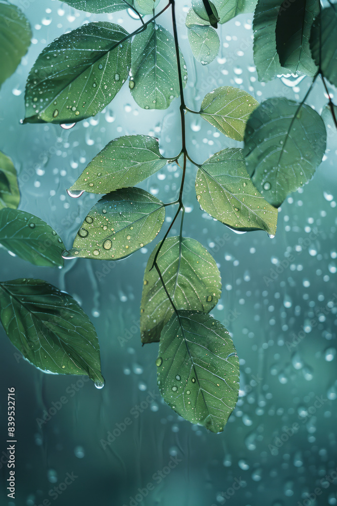 Poster a nature-inspired pattern of leaves and vines on a misty window, with droplets following the contour