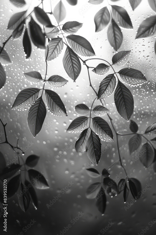 Poster a nature-inspired pattern of leaves and vines on a misty window, with droplets following the contour