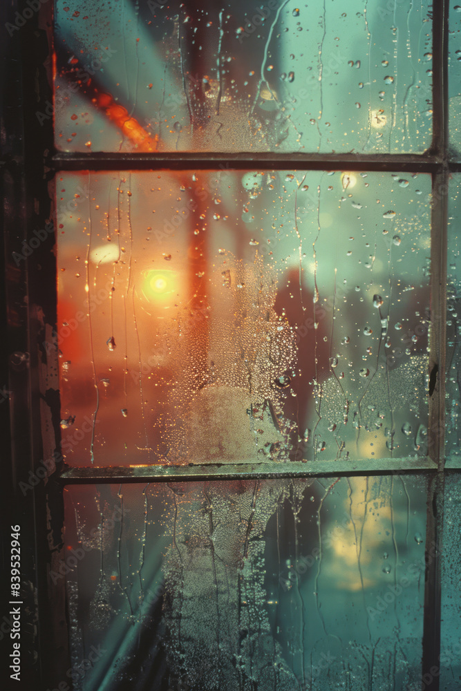 Poster A grid of intersecting lines on a fogged mirror, with water droplets creating a dynamic interplay,