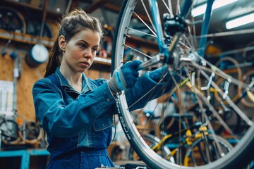 Focused woman mechanic repairs a bicycle in a busy workshop. Professional in denim overalls works on bike maintenance. Industrial environment with tools. Realistic, detailed imagery. Generative AI