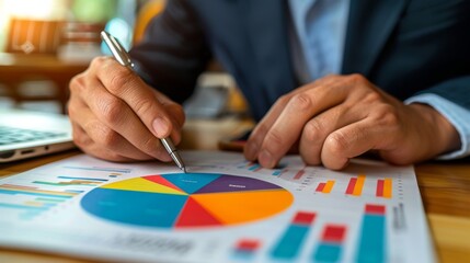 Fototapeta premium Consultant's hands examining vibrant charts and data with a pen in close up view