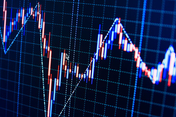 Abstract financial background trade colorful Candlestick graph as symbols of the stock market Tools of technical analysis Various type of indicators including volume Stock market quotes