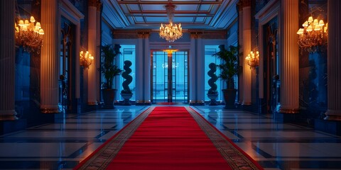 Obraz premium Luxurious Digital Experience Enhanced VIP Entrance with Red Carpet. Concept Luxury Events, VIP Experience, Red Carpet Entrance, Digital Enhancements, Exclusive Access