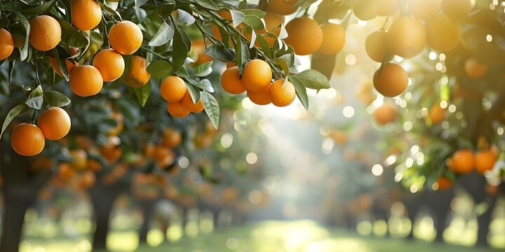 Sunlight shines through orange grove highlighting trees laden with ripe fruit. Concept Nature, Sunlight, Orange Grove, Trees, Ripe Fruit
