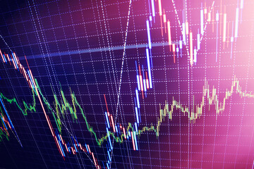 Technical analysis of stock exchange shares and forex with candle chart Financial diagram with candlestick chart used in market analysis for variation report of share price Blue bac