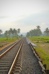 Fototapeta premium Railway tracks in rice fields. Beautiful views of rural Indonesia