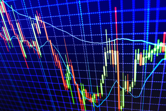 Business graph with arrows tendi Price chart bars Stock trade live Analysing stock market data on a monitor Motion blur effect Share price candlestick chart Tools of technical analysis