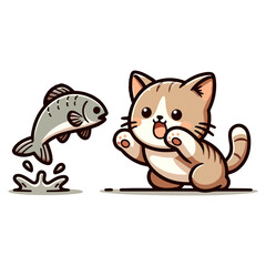 cute cat and fish icon character