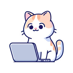 cute cat watching laptop icon character