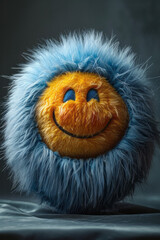 Obraz premium A fuzzy crying-laughing emoji with blue and yellow fur, on a simple black background,