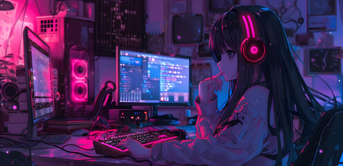 Obraz premium illustration of an anime girl playing video games