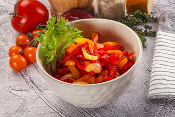 Diced raw bell red and yellow pepper