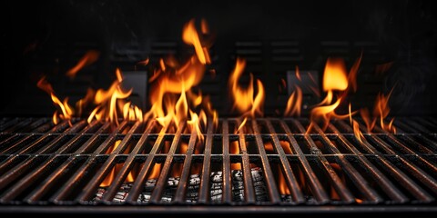 Hot empty portable barbecue BBQ grill with flaming fire and ember charcoal on black background