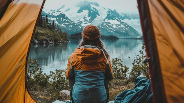 Women go camping, experience nature to relax.