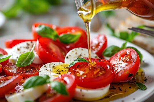 Pouring honey in tomatoes and mozzarella in a plate