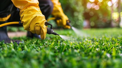 Pest control worker spraying pesticide on green lawn for outdoor pest management, close up view