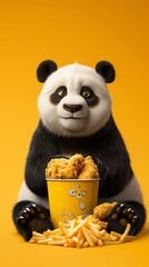 Cute panda holding a bucket of fried chicken and fries against a bright yellow background, blending...