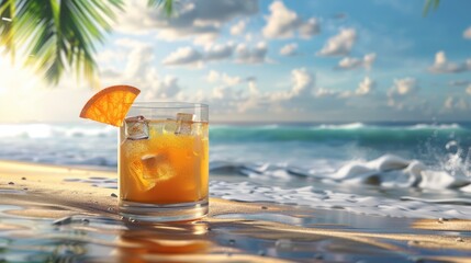 Refreshing orange cocktail in glass on beach in water, photorealistic, whimsical, composite, tropical setting