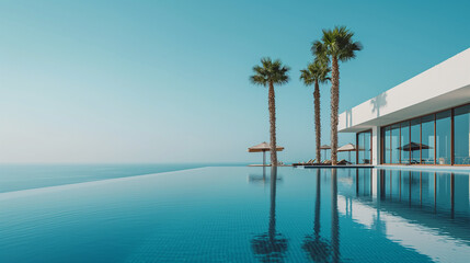 Modern infinity pool with ocean view and palm trees