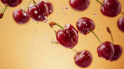 Fresh cherries flying on pale orange background