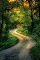 Fototapeta premium Empty asphalt road winding through lush green woods at sunset, bathed in warm golden light, evoking
