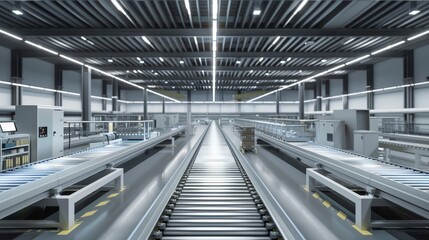 Obraz premium Smart factory with empty conveyor system, efficient production line, industrial automation, minimalistic design, photorealistic, futuristic, manipulation, high-tech facility