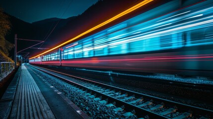Fototapeta premium Vibrant train light trails blaze through the night in a forest setting, capturing shades of green, blue, and firebrick in stunning UHD.