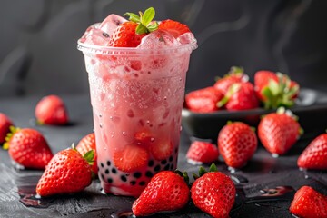 Strawberry bubble tea in glass