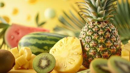 Summer tropical fruit background with copy space, including pineapples, watermelons, and kiwis. Ideal for refreshing and vibrant summer imagery
