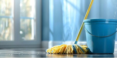 Tidy and orderly scene featuring a blue bucket and yellow mop resting. Concept Still Life Photography, Cleaning Supplies, Color Contrast, Household Items, Simple Compositions
