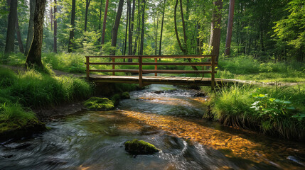 Fototapeta premium Serene wooden bridge over a forest stream in daylight