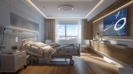 Advanced hospital room with state of the art medical equipment and a calming, modern design