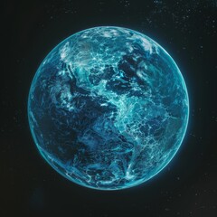Holographic globe displays climate change data in cool tones, promoting global environmental awareness through digital art.