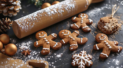Gingerbread Man Baking - Several beautifully decorated gingerbread men on a table with baking tools and ingredients around.