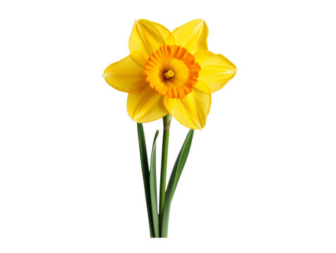 A single yellow daffodil with a bright orange center, isolated on a black background.  The flower is in full bloom.