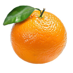Fresh ripe orange with green leaf isolated on white background, perfect for healthy diet and vitamin C boost.