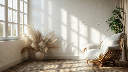 Cozy Sunlit Room with Wicker Chair - A cozy room with a wicker chair, soft sunlight streaming through large windows, and decorative plants. Warm and inviting interior scene.