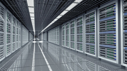 Server room data center with rows of server racks. 3d illustration
