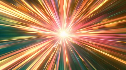 Fototapeta premium Vibrant light streaks in soft pink, peach, yucca, and green converge at a bright central point, creating a futuristic warp speed effect.