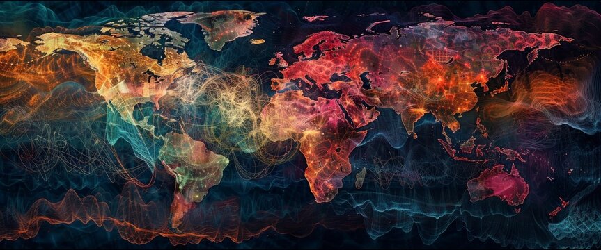 An evocative ultra sharp photo depicting an abstract digital world map, capturing the essence