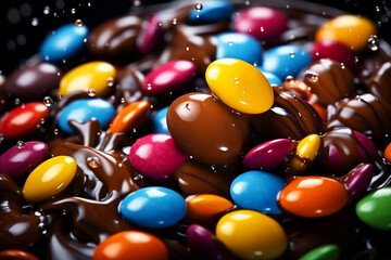 Background of chocolate candy with colored glaze 