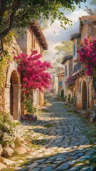 A romantic cobbled street in a historic Mediterranean village. The street is flooded with sunlight, the glare makes its way through the foliage of the trees overhead.