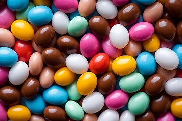 Background of chocolate candy with colored glaze 