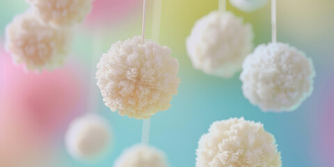 Abstract cute background with white textured paper balls on pastel background with copy space.
